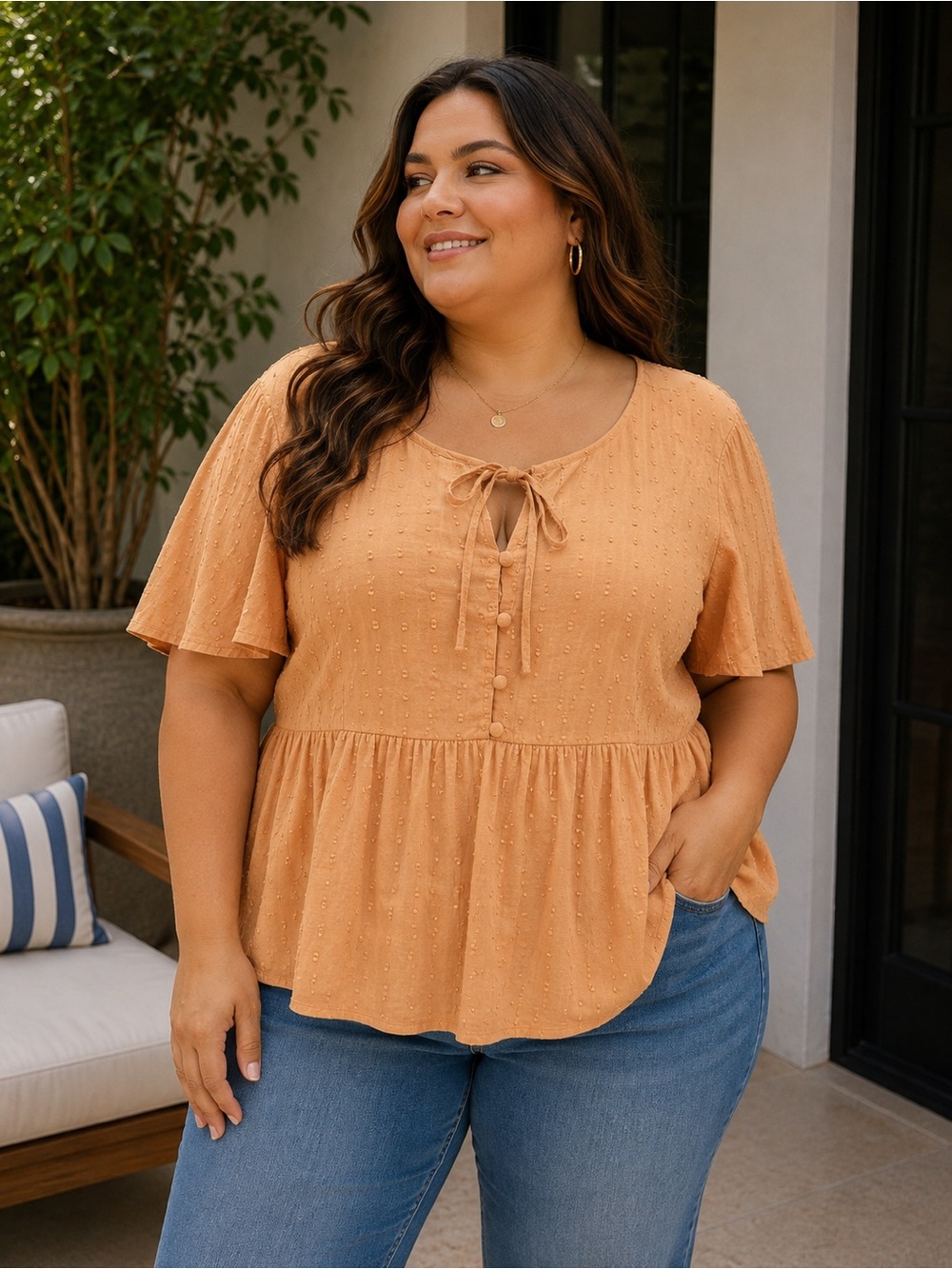 🆕🎉 NWT Lane Bryant Peach Textured Peplum Tie-Front Blouse